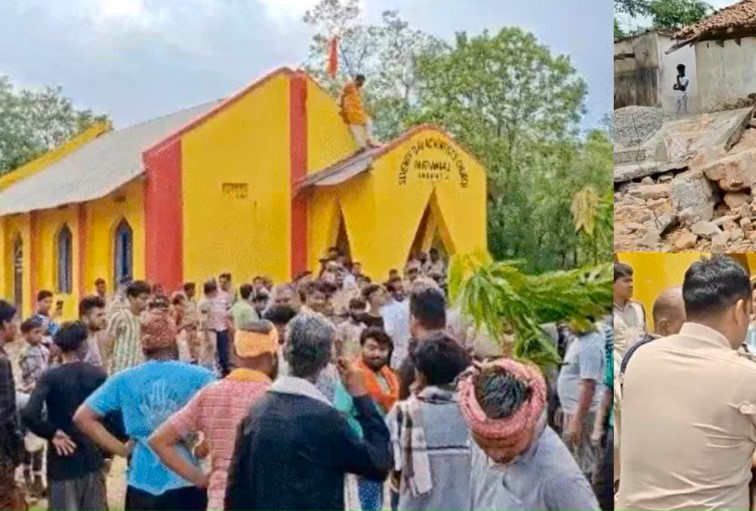 मंदिर तोड़ने को लेकर जमकर हंगामा, बजरंग दल के सदस्य ने चर्च पर फहराया भगवा झंडा