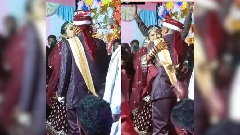 स्टेज पर दुल्हन ने सरेआम किया दूल्हे को Kiss, पंडित और रिश्तेदारों का रिएक्शन देख छूट जाएगी हंसी