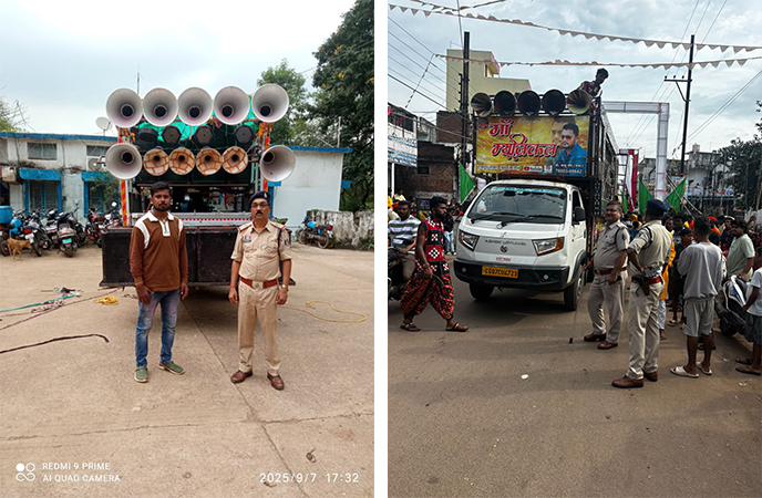 गणेश उत्सव के अवसर पर तेज आवाज  में बजा रहे थे डीजे, 04 डीजे वाहन, 01 लाईट ट्रस्ट सेट किया गया जप्त